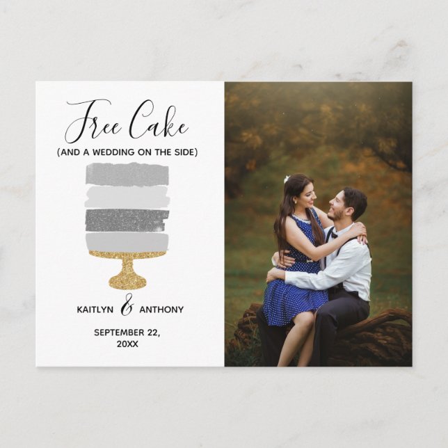 Free Cake Funny Modern Photo Wedding Save The Date Announcement Postcard (Front)
