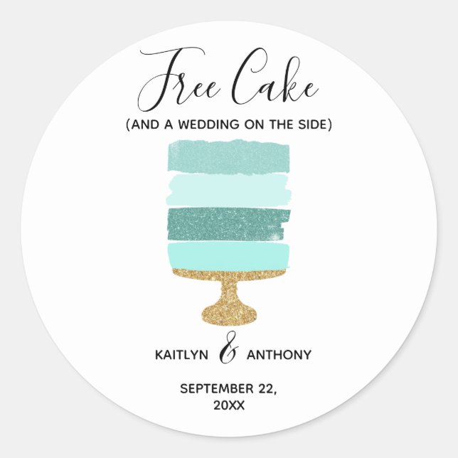 Free Cake Funny Modern Photo Wedding Save The Date Classic Round Sticker (Front)