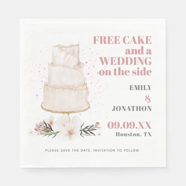 Free Cake Wedding On Side Pink Fun Save The Date Napkin (Front)