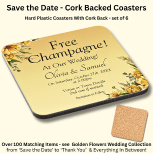 Free Champagne Golden Yellow Flowers Cork Backed Coaster