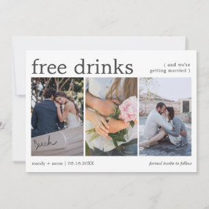 Free Drinks 3 Photo Wedding Save the Date