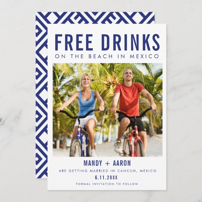 Free Drinks Beach in Mexico Destination Wedding Save The Date (Front/Back)