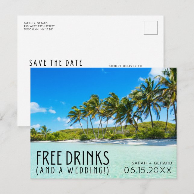 Free Drinks Beach Wedding Save the Date Announcement Postcard (Front/Back)