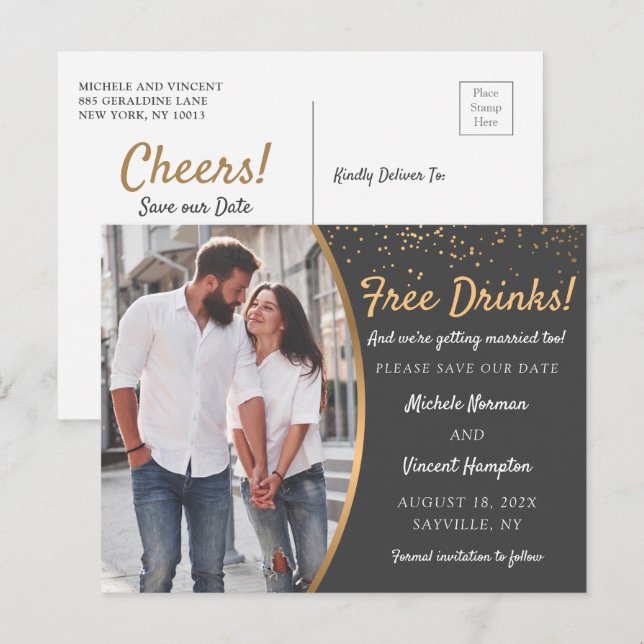 Free Drinks Black Gold Photo Casual Save The Date  Postcard (Front/Back)