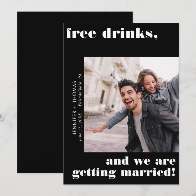 Free Drinks Black Typography Save the Date Invitation (Front/Back)