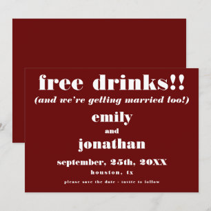 Free Drinks Casual Burgundy Wedding Save The Date