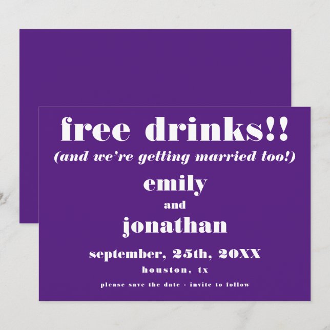 Free Drinks Casual Purple Wedding Save The Date (Front/Back)