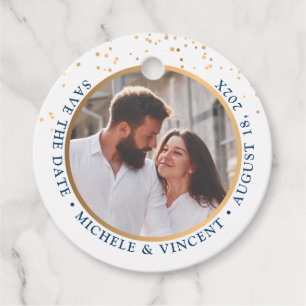 Free Drinks Casual Save The Date Blue Gold Photo Favour Tags