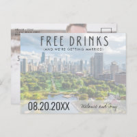 Free Drinks Chicago Skyline Wedding Save the Date