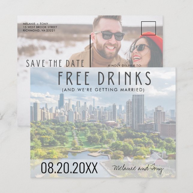 Free Drinks Chicago Skyline Wedding Save the Date Announcement Postcard (Front/Back)