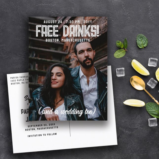 Free Drinks! Cool Modern Wedding Save the Date Announcement Postcard (Creator Uploaded)