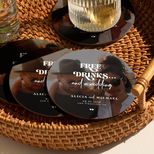 Free drinks custom photo wedding save the date round paper coaster (Creator Uploaded)
