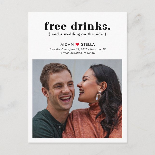 Free Drinks Editable Colour Save The Date Postcard (Front)