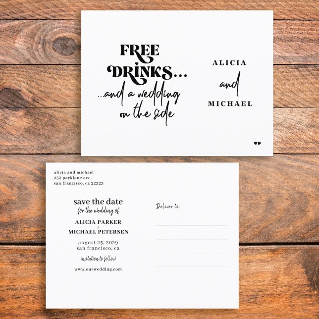 Free drinks funny casual wedding save the date announcement postcard (Creator Uploaded)