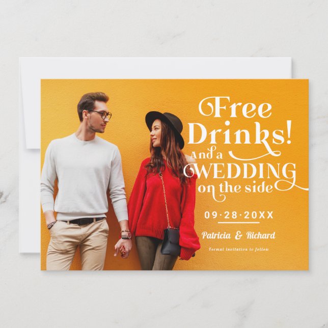 Free Drinks Funny Casual Wedding Save The Date Invitation (Front)