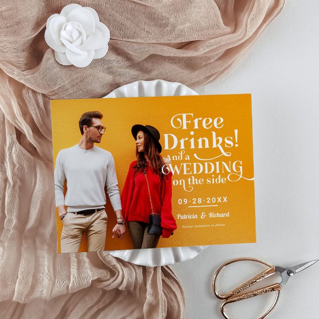Free Drinks Funny Casual Wedding Save The Date Postcard (Creator Uploaded)
