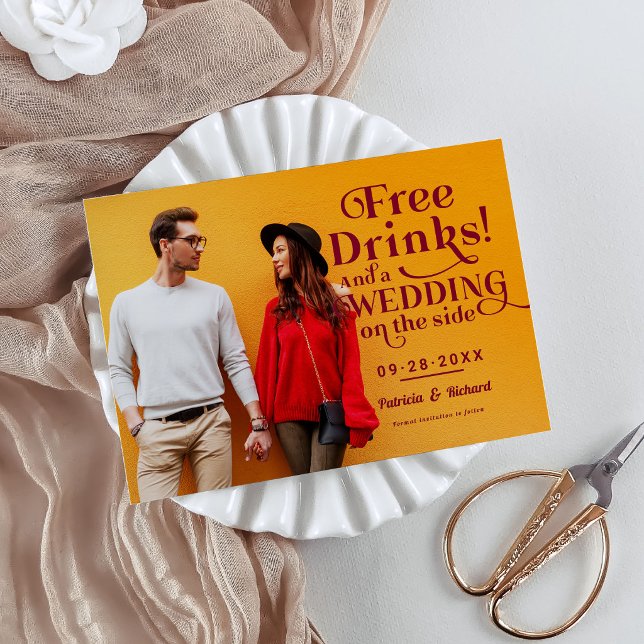 Free Drinks Funny Casual Wedding Save The Date Postcard (Creator Uploaded)