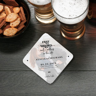 Free drinks funny photo wedding save the date paper coaster