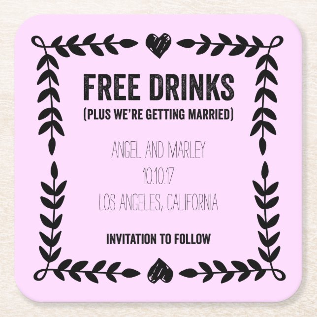 Free Drinks Getting Married Save the Date Coaster (Front)