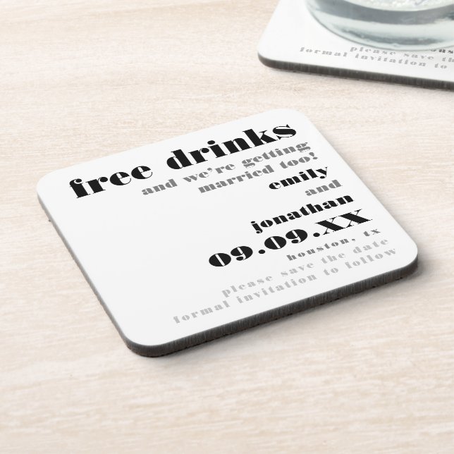 Free Drinks Getting Married Too Fun Save The Date Coaster (Left Side)