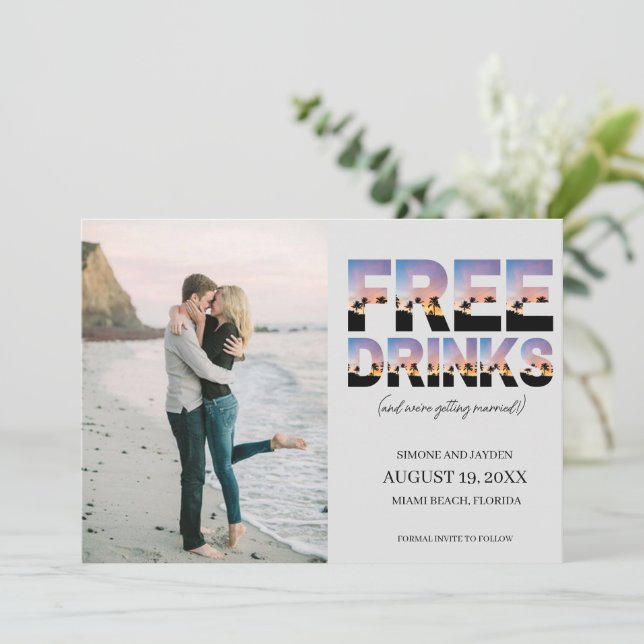 Free Drinks Photo Beach Wedding Save The Date (Standing Front)
