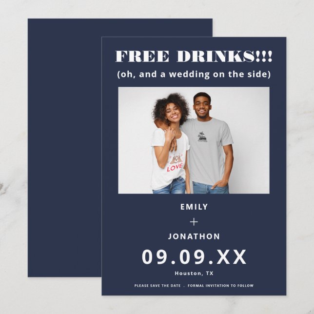 Free Drinks Photo Casual Navy White Save The Date (Front/Back)