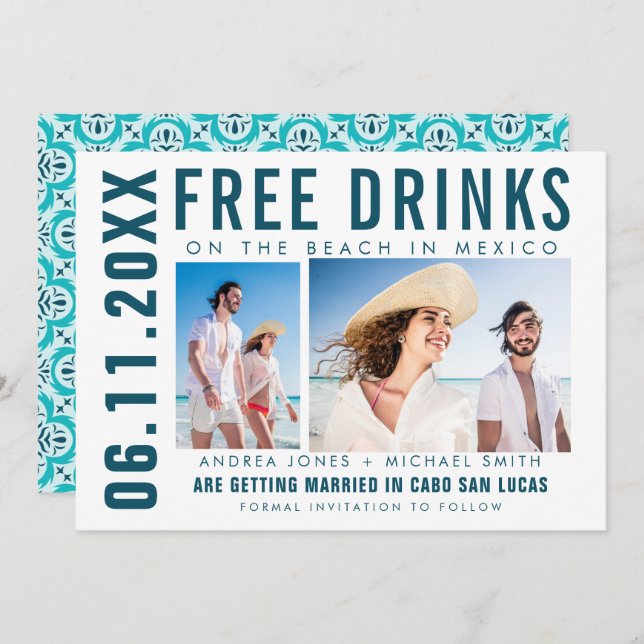 Free Drinks Photo Mexico Beach Wedding Announcement (Front/Back)