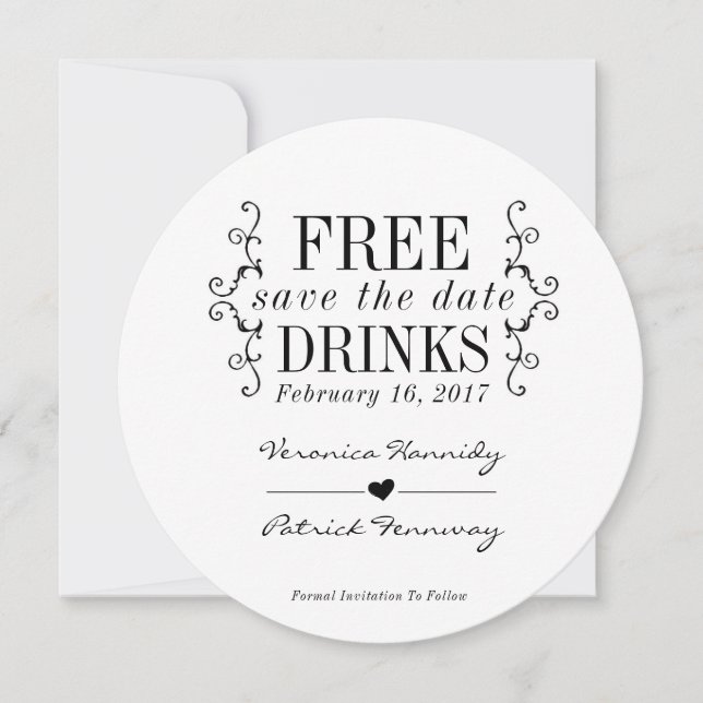 Free Drinks Round Simple Font Save The Date Card (Front)