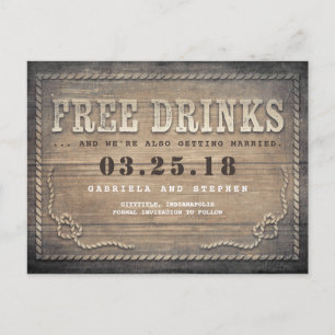 Free Drinks Rustic Wood Funny Save the Date Announcement Postcard