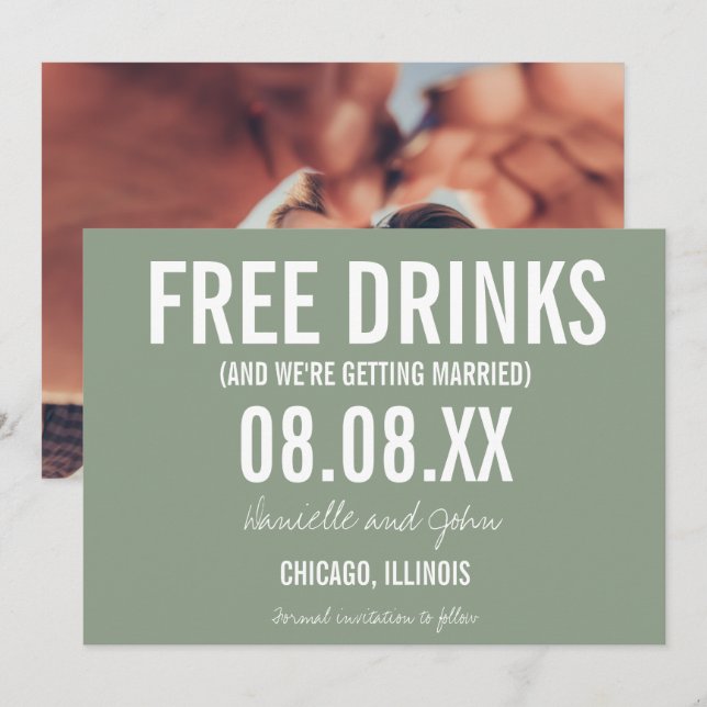 Free Drinks Sage Green Photo Wedding Save the Date (Front/Back)