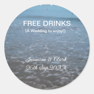 Free drinks save the date beach wedding add name  classic round sticker