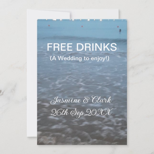 Free drinks save the date beach wedding add name  invitation (Front)