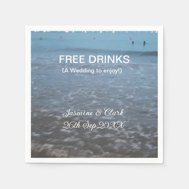 Free drinks save the date beach wedding add name  napkin (Front)