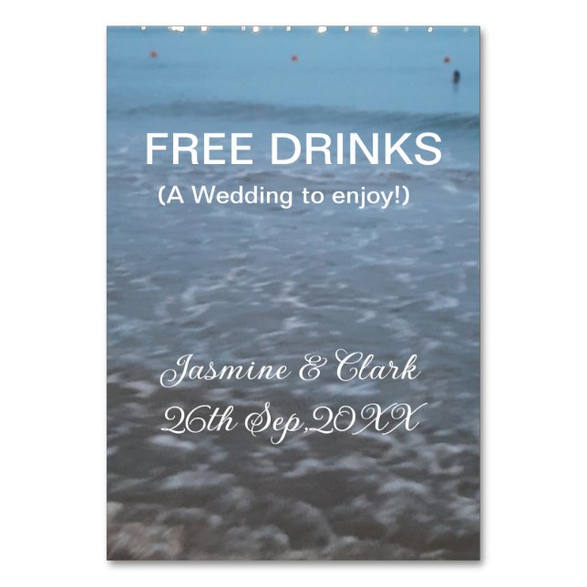 Free drinks save the date beach wedding add name  table number (Front)