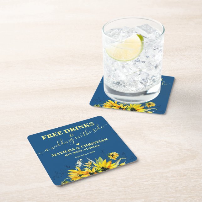 Free Drinks Save the Date Square Paper Coaster (Insitu)