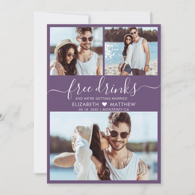 Free Drinks Script Purple 3 Photo Collage Wedding Save The Date (Front)