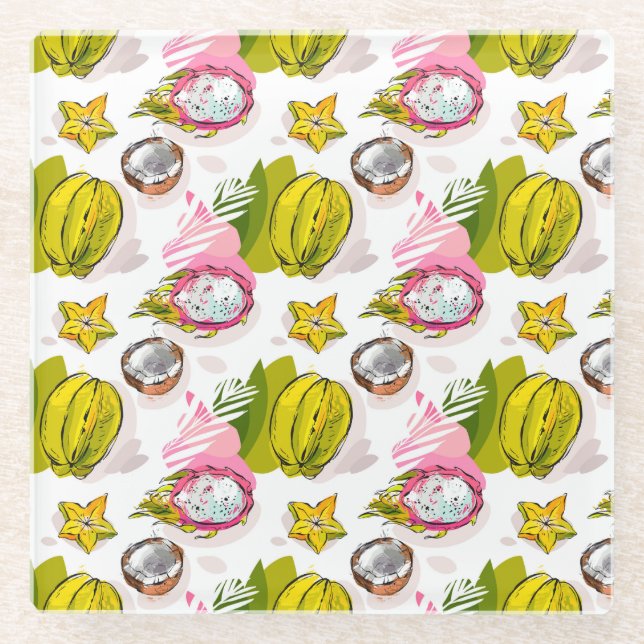 Free Hand Textured Fruit Pattern Glass Coaster (Front)