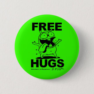 "Free Hugs" Bill Plympton Dog button green