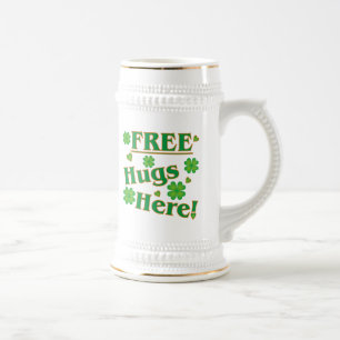 Free Hugs Here in green and Irish clovers Beer Stein