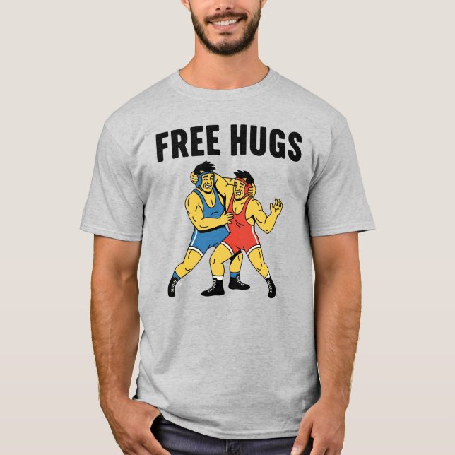 Free Hugs Wrestling Shirt Retro Wrestler Dad Gifts (Front)