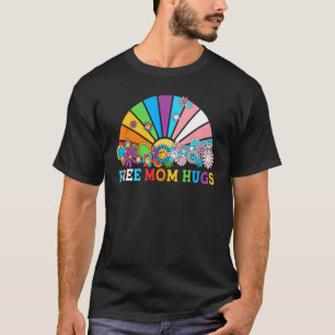 Free Mom Hugs Groovy Rainbow Heart LGBT Flag Pride T-Shirt