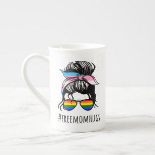 Free Mom Hugs IV - Messy Bun Rainbow Gay Trans Bone China Mug