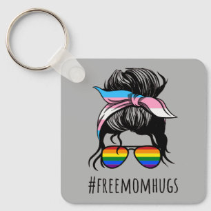 Free Mom Hugs IV - Messy Bun Rainbow Gay Trans Keychain