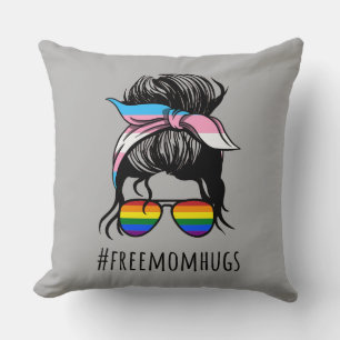 Free Mom Hugs IV - Messy Bun Rainbow Gay Trans Throw Pillow