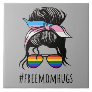 Free Mom Hugs IV - Messy Bun Rainbow Gay Trans Tile