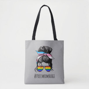 Free Mom Hugs IV - Messy Bun Rainbow Gay Trans Tote Bag