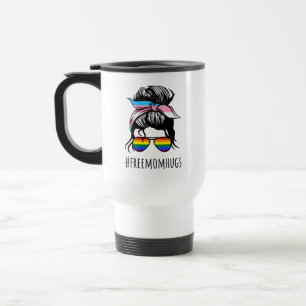 Free Mom Hugs IV - Messy Bun Rainbow Gay Trans Travel Mug