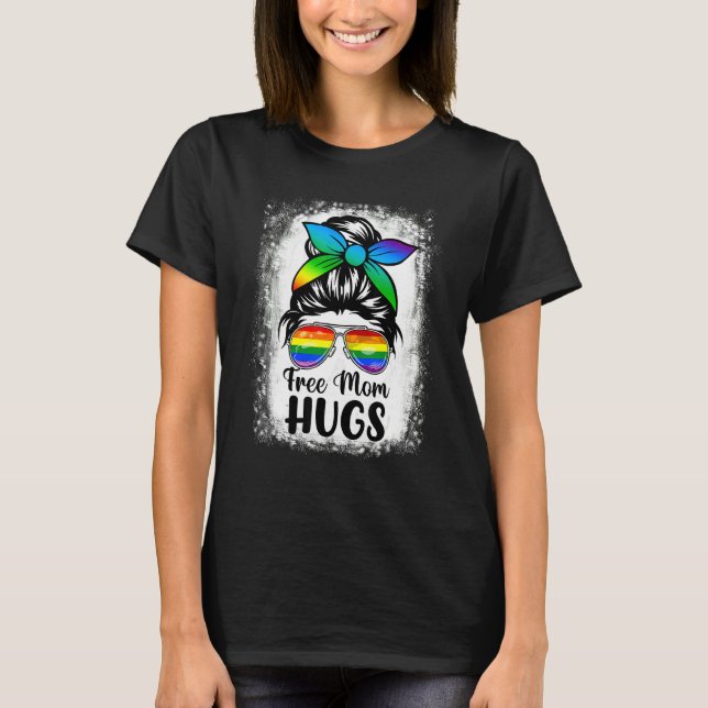 Free Mom Hugs Messy Bun Pansexual Pride Rainbow Fl T-Shirt (Front)