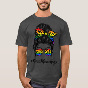 Free Mom Hugs Messy Bun Transgender Pride Rainbow T-Shirt