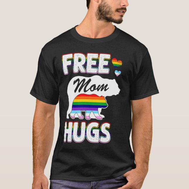 Free Mom Hugs Rainbow Grey Pride LGBT T-Shirt (Front)